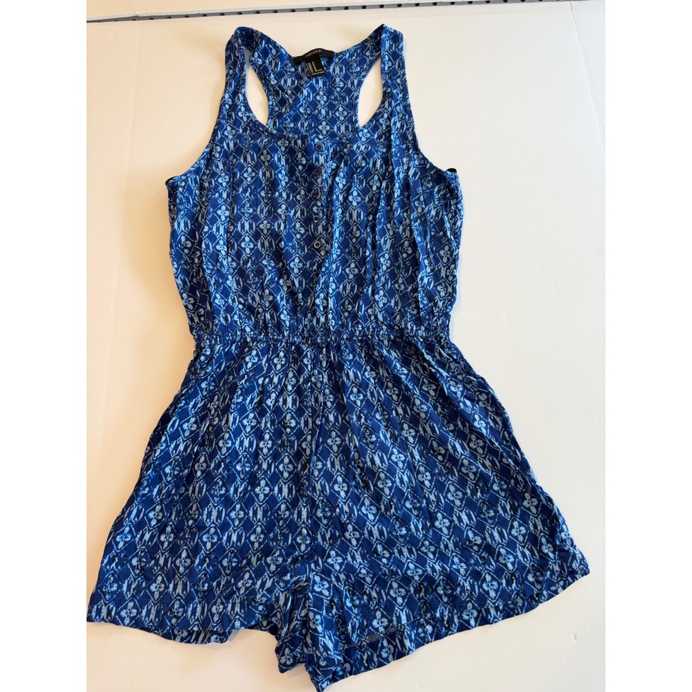Forever 21 Womens Blue Geometric Ikat Print Racerback Button Front Romper Medium